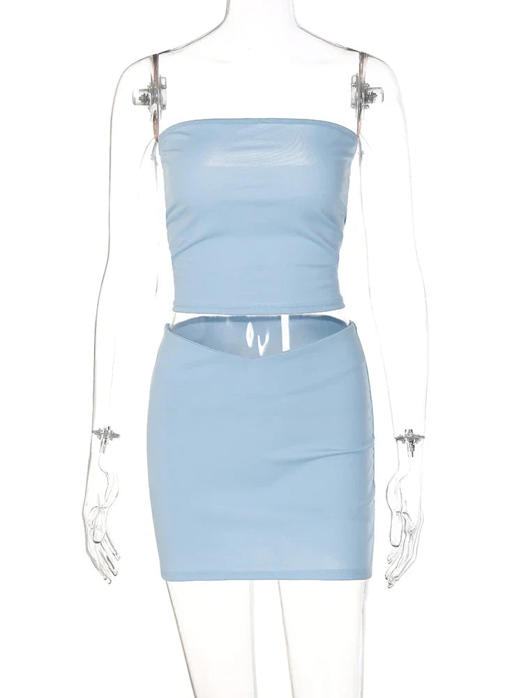 Hugcitar Solid Sleeveless Folds Tube Crop Top Skirts 2 Piece Matching