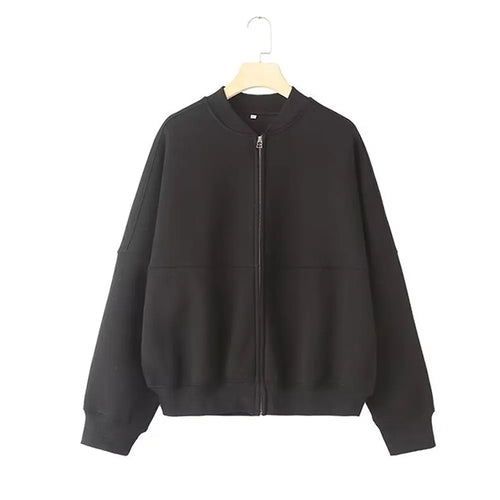 TRAFZA Women's 2-piece Retro Solid Color Zipper Bomber Jacket