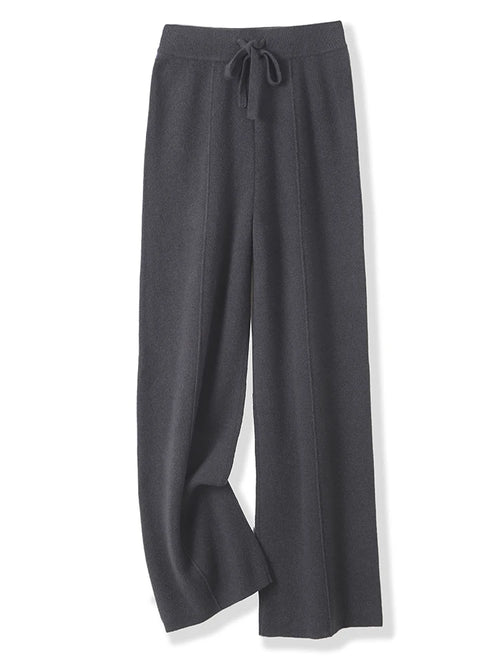 Women 100% Merino Wool Knitted Wide Leg Pants Autumn Winter Basic Soft