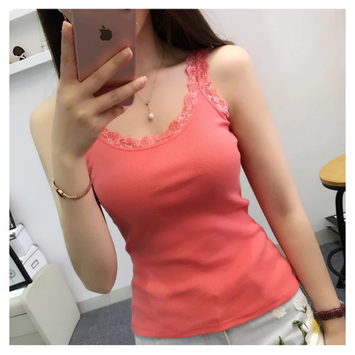 Black Tops Summer Sleeveless Women Tank Top With Lace Top Red Inside