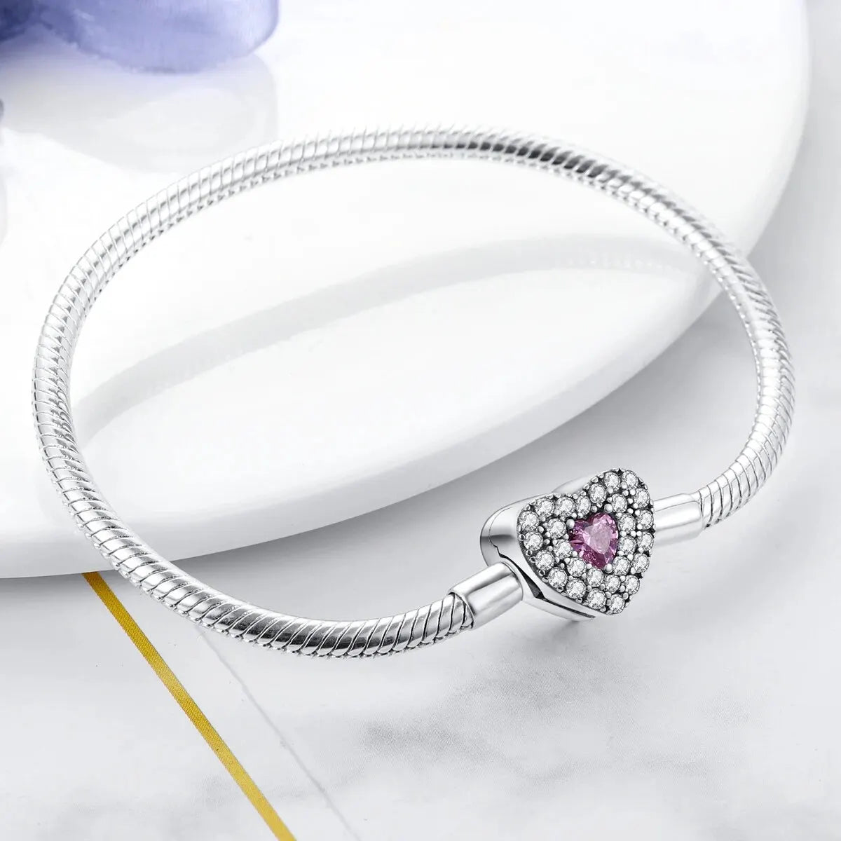 MULA 1PC Silver Plated Snake Chain Heart Shape Clasp Charm Bracelet