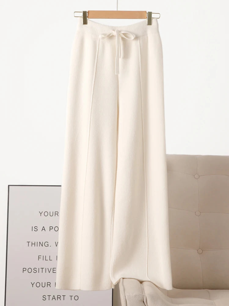 Women 100% Merino Wool Knitted Wide Leg Pants Autumn Winter Basic Soft