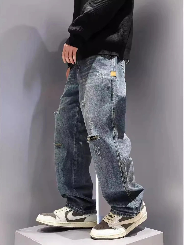 New Men's Ripped Jeans Baggy Straight Fashion Vintage Blue Denim Pants