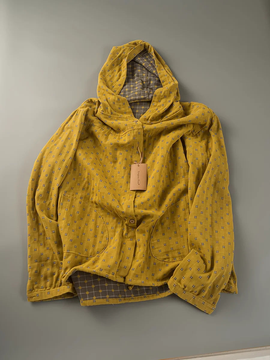 100% Cotton Yarn Loose Hooded Plaid Shirts for Women Autumn Spring