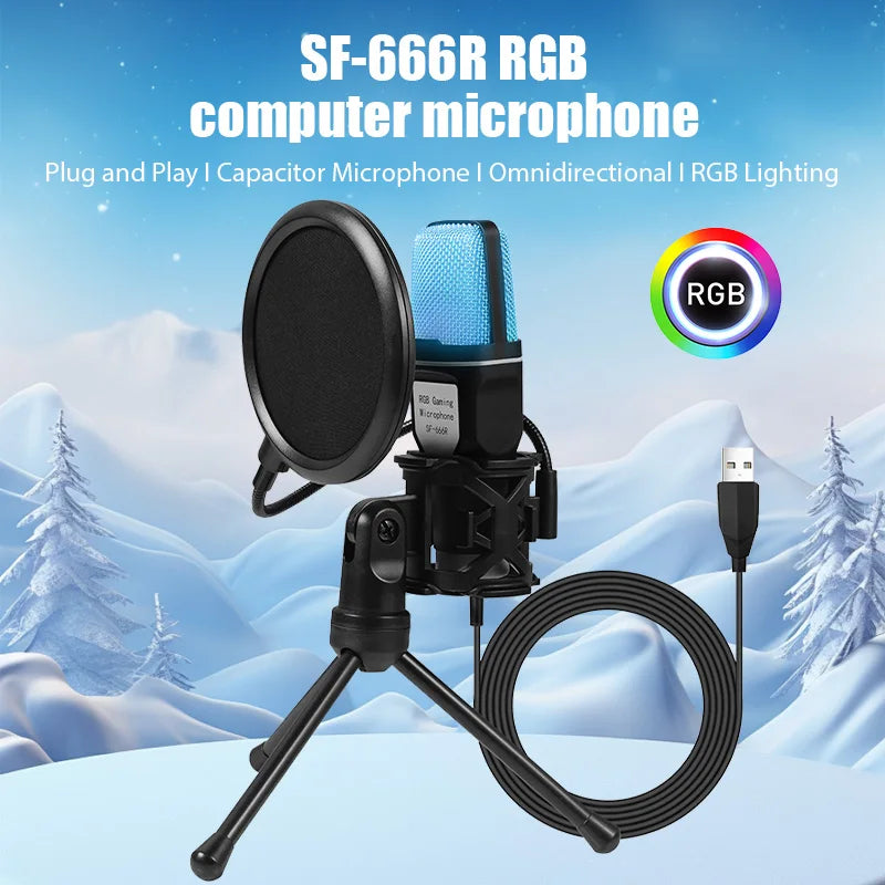 SF666R USB Microphone RGB Microfone Condensador Wire Gaming Mic for