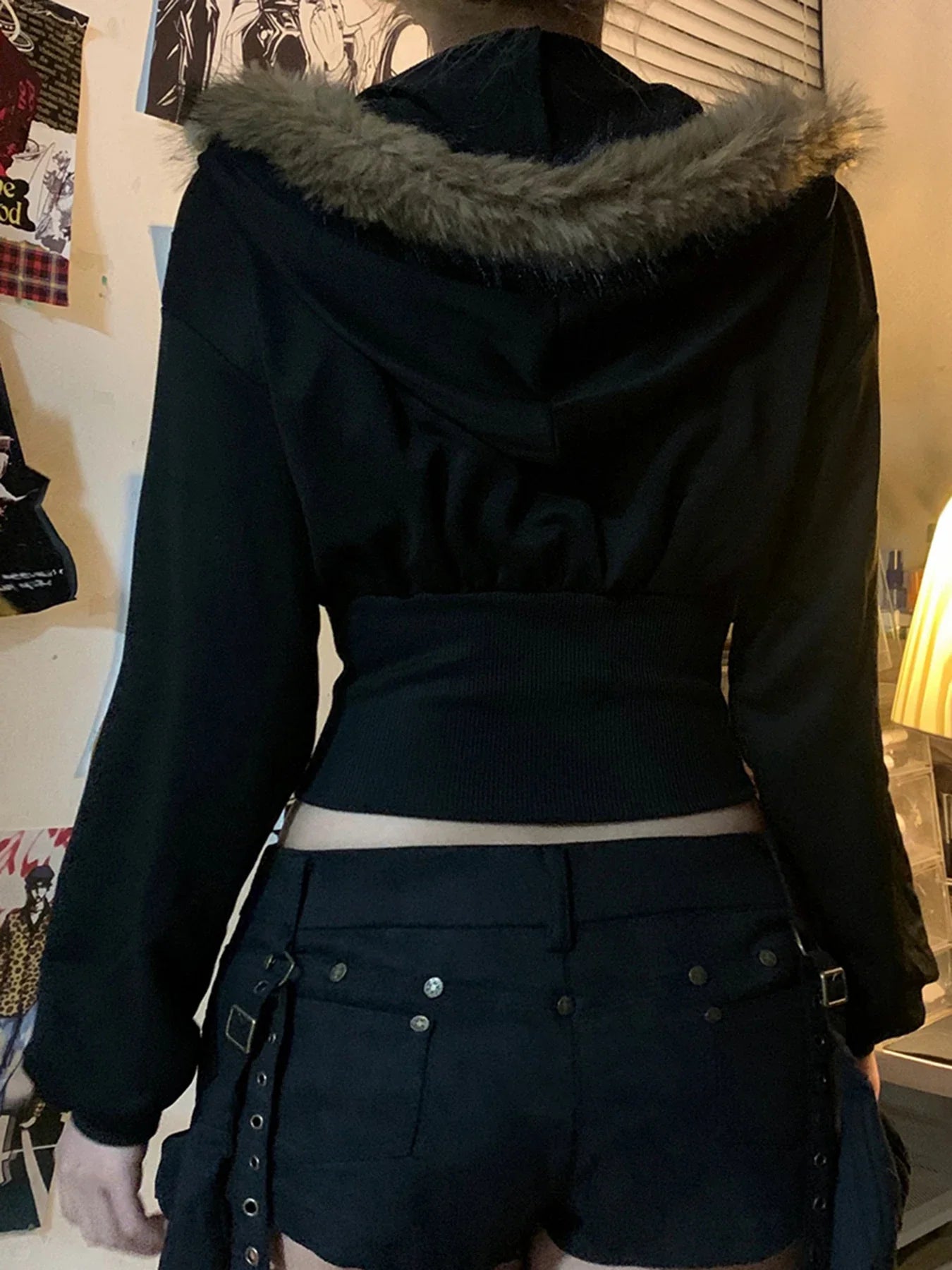 Cuteandpsycho Zip Up Fur Neck Hoodie Coats Fashion Slim Solid Y2K