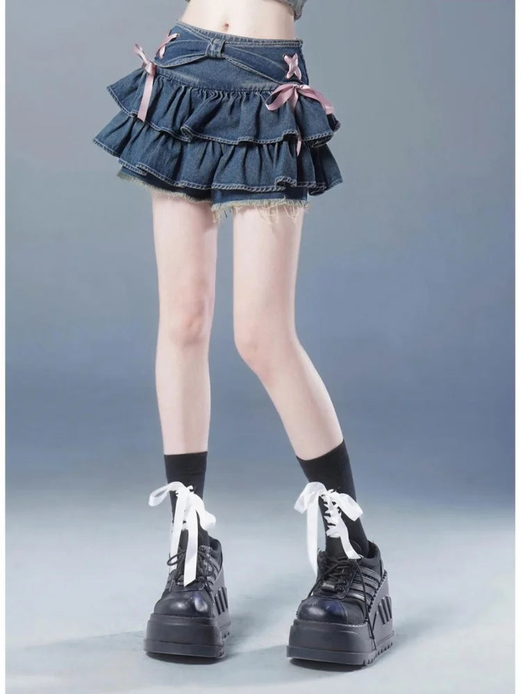 Blue Denim Pleated Skirt Bow Fold Design Women's A-line Short Skirt