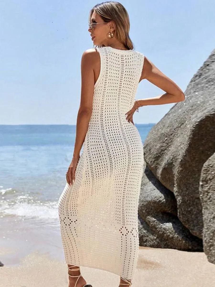 S - XL 2025 V Neck Hollow Out Crochet Knitted Tunic Beach Cover Up
