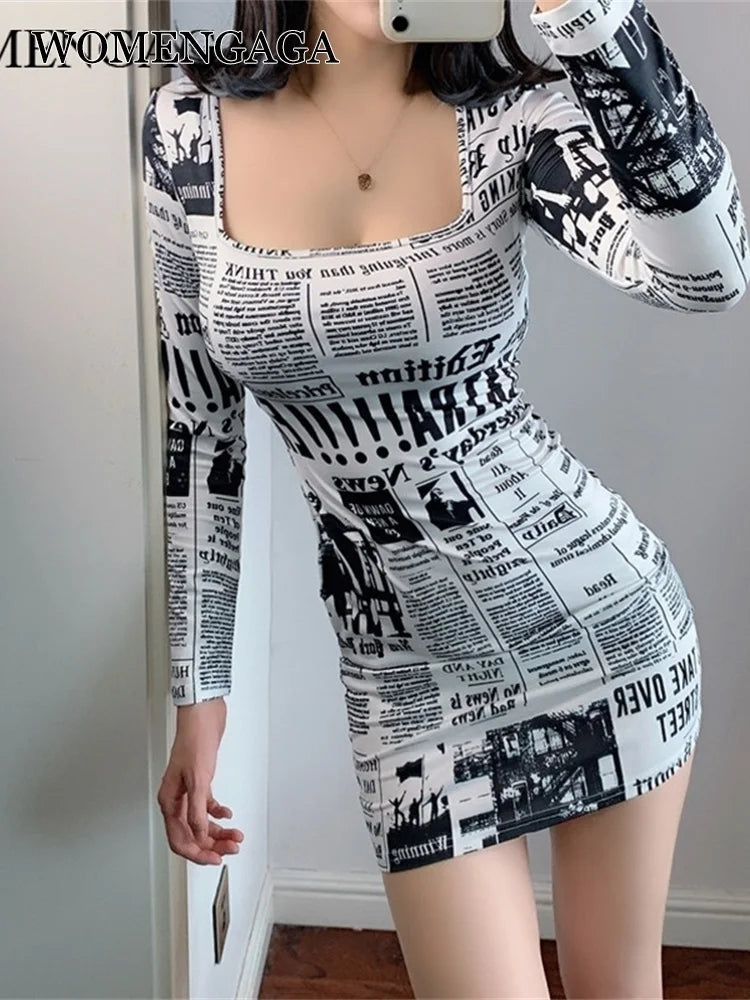 Hot-selling Printed Europe Newspaper Sexy Mini Dress 2020 Autumn New