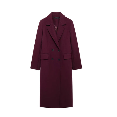 TRAFZA Women Fashion Burgundy Woolen Coat Double Breasted Long Sleeve