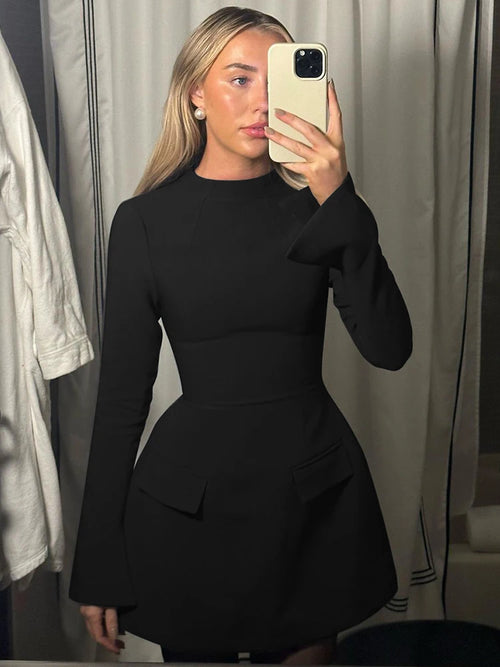 Dulzura Long Sleeves Zipper Bodycon Mini Dress With Pocket Solid