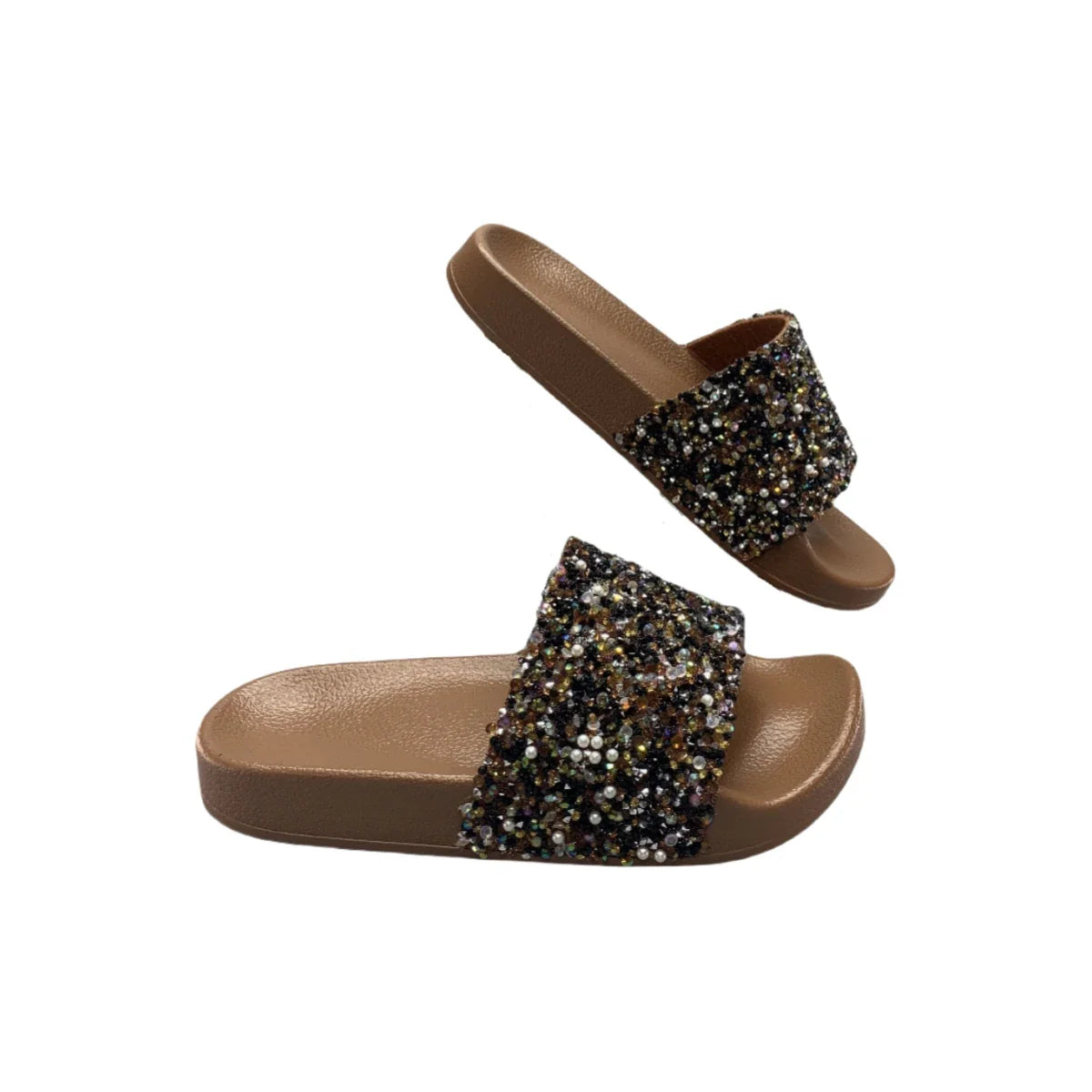 Women’s Brown Sparkling Sequin Flat Slippers – Comfortable Casual