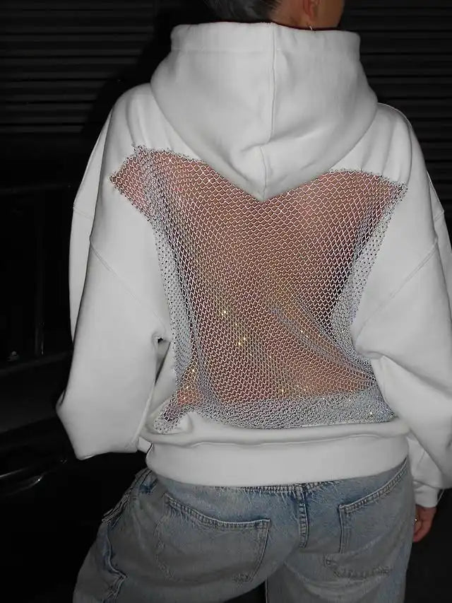 Y2K Womens Clothes Gothic Sexy Hollow Mesh Hoodie Fashion Translucent Pullover Sweatshirt Casual Long Sleeves Jacket Streetwear