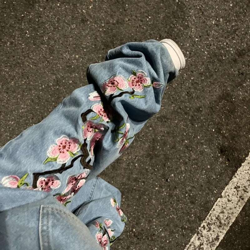 Y2K pants men Baggy Harajuku cherry blossom print pattern jeans Hip