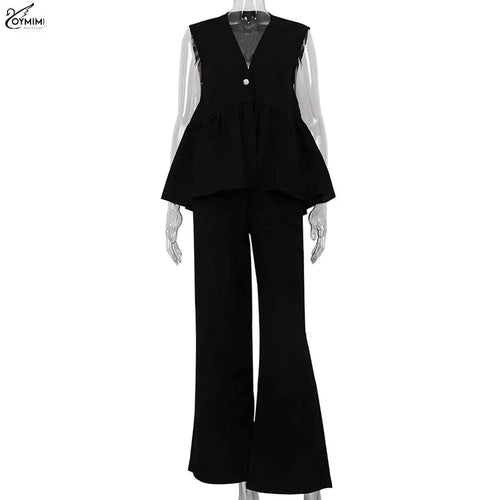 Oymimi Fashion Pink Cotton Sets Womens 2 Piece Elegant Deep V-Neck