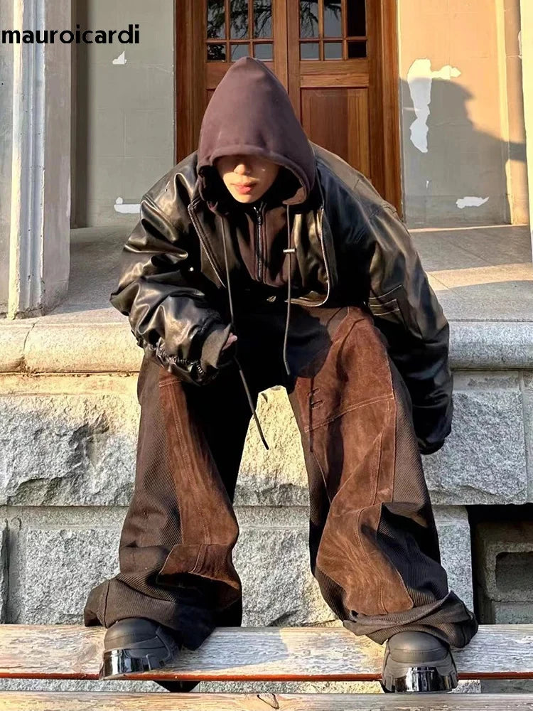 Mauroicardi Autumn Winter Oversized Cool Black Thickened Warm Pu