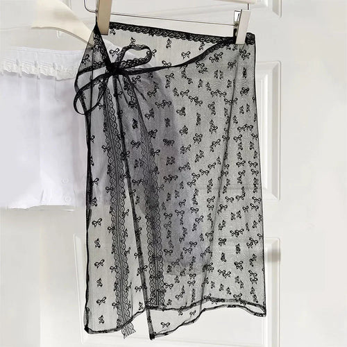 Lace Layered Gauze Skirt with Tie Up Women Vintage Bowknot Print