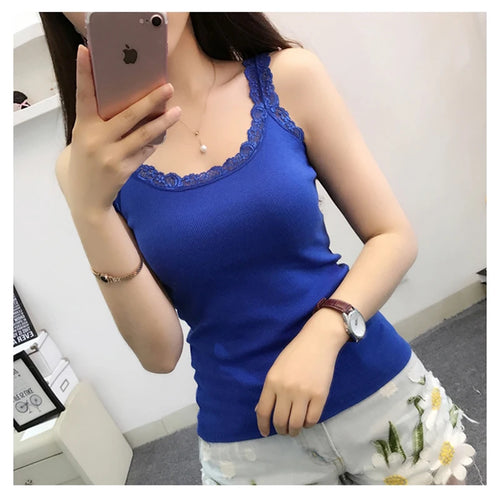 Black Tops Summer Sleeveless Women Tank Top With Lace Top Red Inside