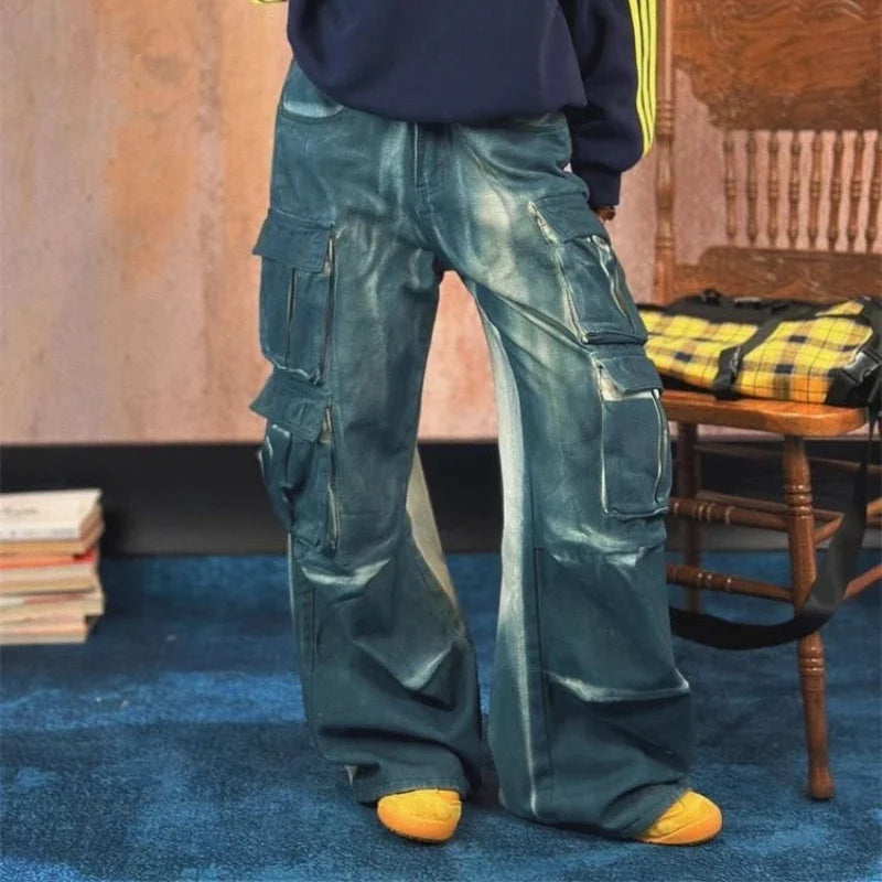 American Retro Multi Pocket Jeans High Waist And Slim Casual High