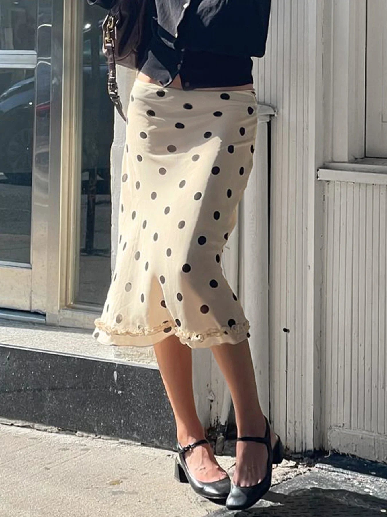Elegant England Style Dot Print Women Mid-Length Skirt Edible Free