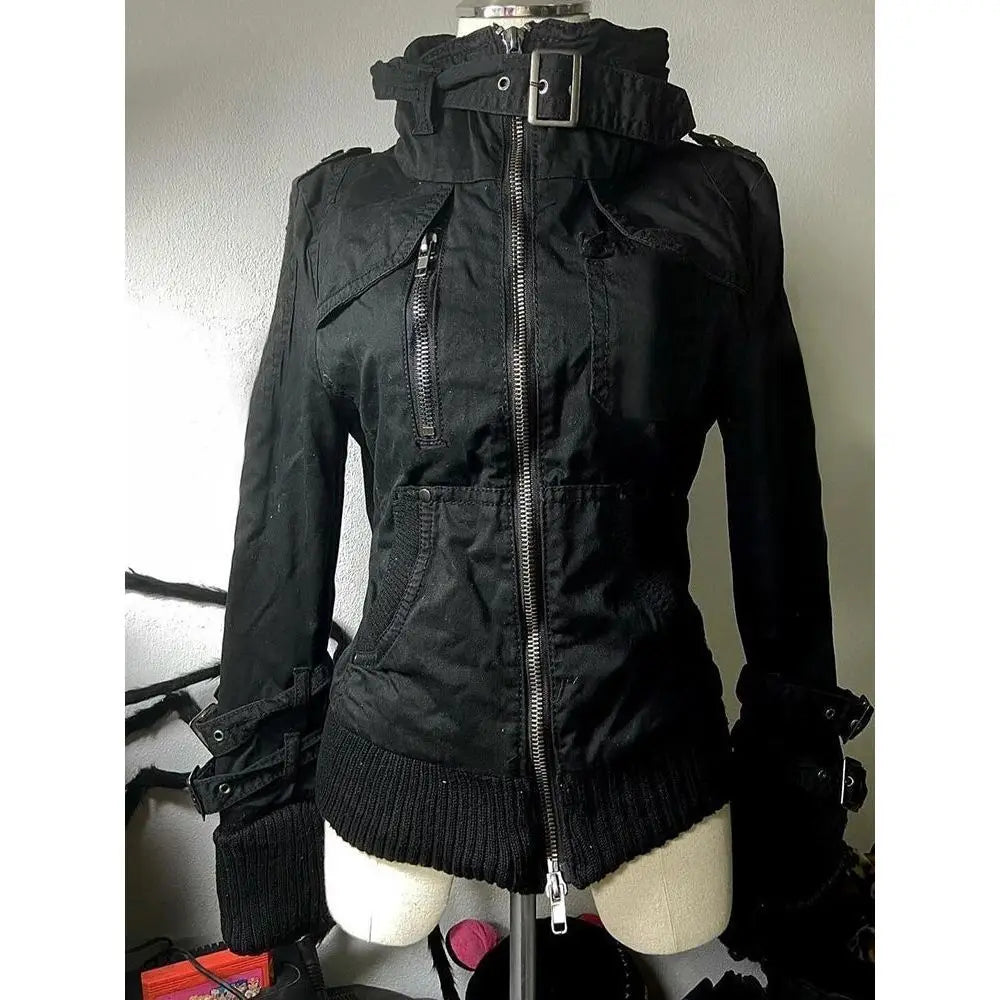 Subculture Harajuku Vintage Safari Coats with Hooded Women Zipper Sweatshirts Casual Streetwear Grunge Jacket Y2k Stand Neck