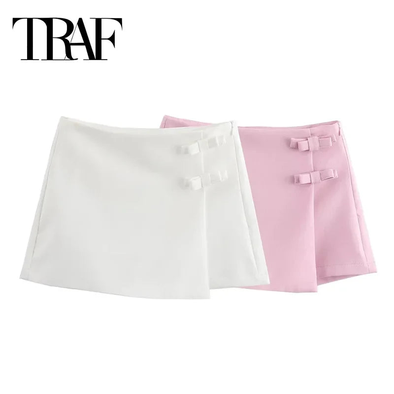 TRAF 2024 Pink White Mini Skirt Woman Fashion Bow Skort For Women