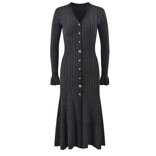 Elegant Single-breasted Knitted Dress Deep V-neckline Women’s Long