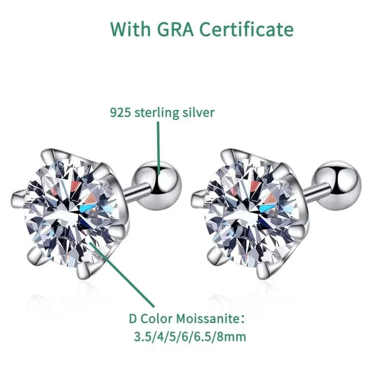 TY 0.3-2CT Moissanite Earrings 925 Sterling Silver Round Cut Stud Earrings Piercing Earrings for Men and Women Fine Jewelry