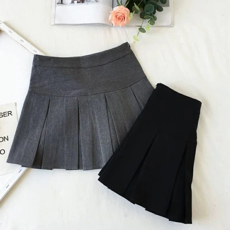 Fashion A Line Women Pleated Skirt High Waist Zipper Grey Student Mini