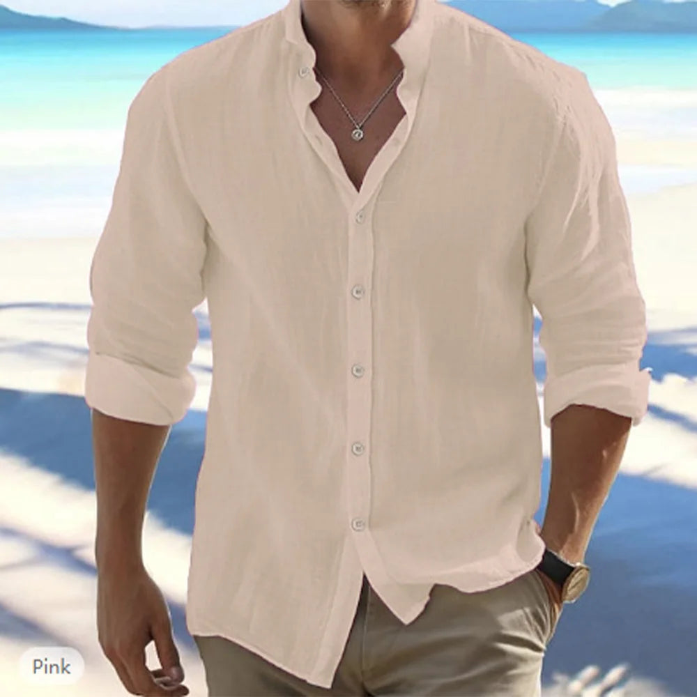 Cotton Linen Hot Sale Men's Long-Sleeved Shirts Summer Solid Color