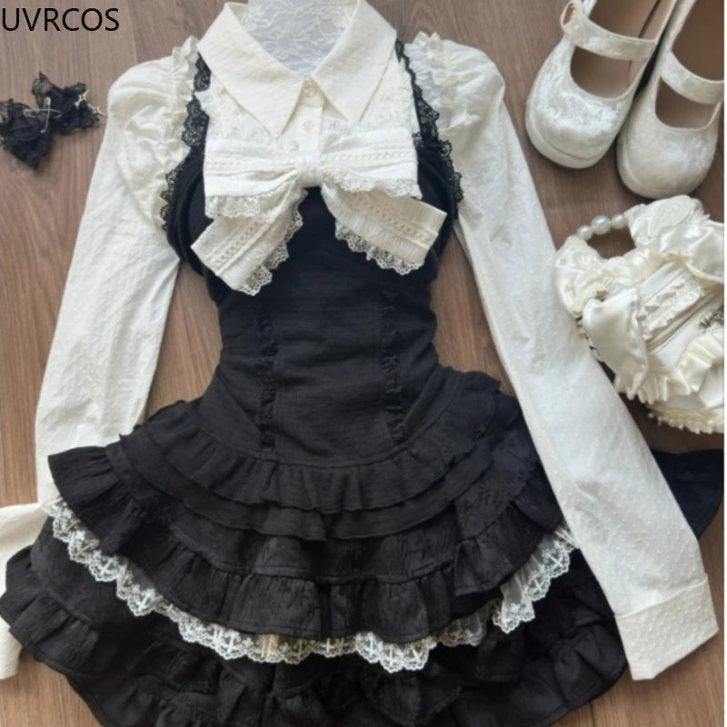 Y2k Aesthetic Lolita Style 3 Piece Set Women Kawaii White Shirt Bow