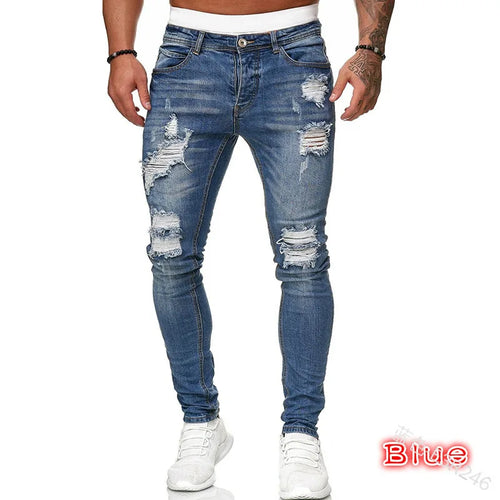 Ripped Mid Waist Slim Fit Men Jeans Vintage Denim Wash Solid Punk