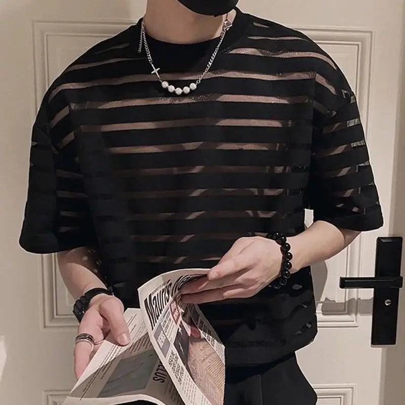 2023 Men T Shirt Mesh Striped O-neck Short Sleeve Transparent Men