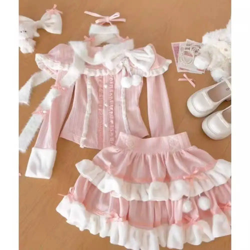 Vintage 3 Piece Skirt Suit Women Kawaii Ruffles Cardigan Outwear