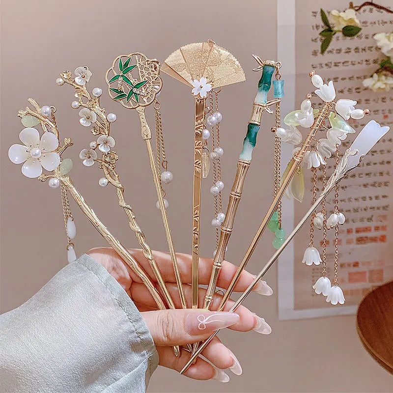 Elegant Chinese Style Hair Accessory Romantic Enameled Flower Tassel