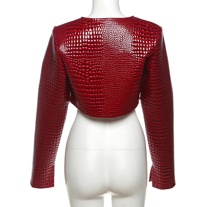 Women O Neck Long Sleeve PU Faux Leather Cropped Jackets Punk Grunge