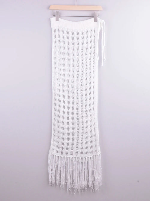 Women’s Sexy Sheer Hollow Out Beach Maxi Knit Skirt Split Tassels