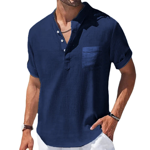 New Men's Casual Stand Up Collar Summer Solid Color Short Sleeve Linen