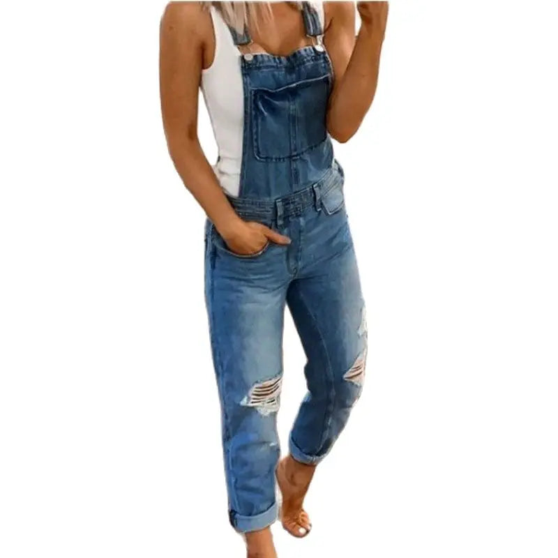 Hot Sale Suspenders Denim Jumpsuit For Women Fashion Ripped Jeans