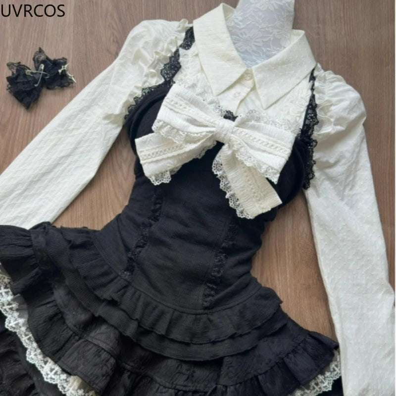 Y2k Aesthetic Lolita Style 3 Piece Set Women Kawaii White Shirt Bow