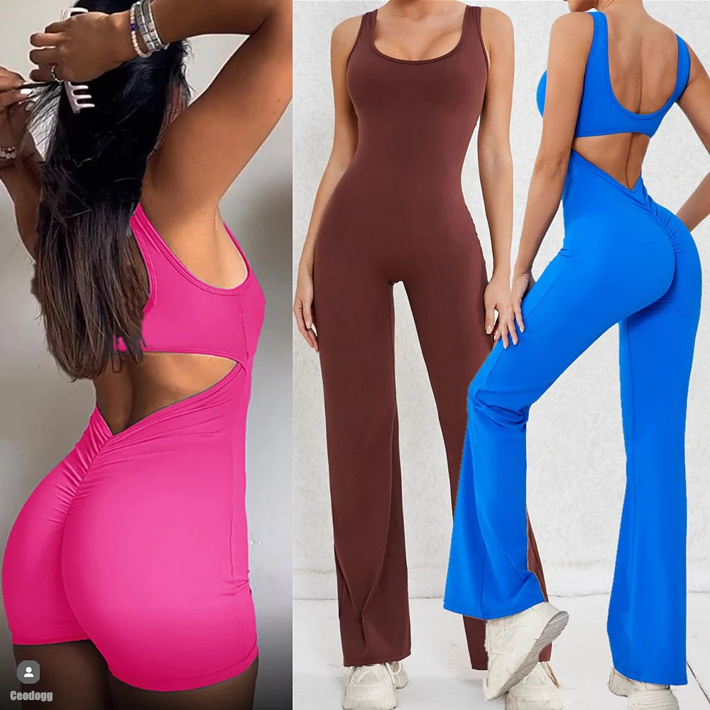 2025 S-XL Pad Women Gym Yoga Set Sports Rompers Deep V Back Fitness