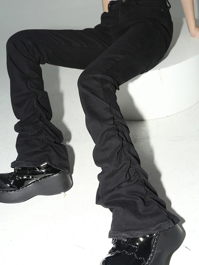 REDDACHiC Black Ruched Flare Jeans Women Solid Stretch Bootcut Stacked