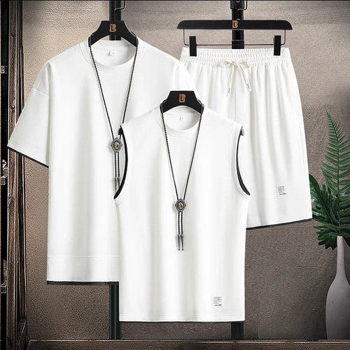 Waffle Pattern 3 Piece Men Short Sleeve Shorts Set Harajuku Japan