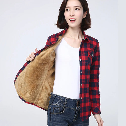2023 Winter New Plus Thick Women's Warm Plaid Shirt Coat Lady Casual