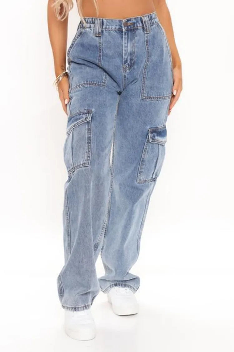 2023 New Y2K Women's High Waist Multi Pocket Cargo Jeans Fashion Loose