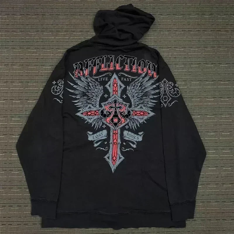 Affliction Fashion Hoodie Street Gothic printing Oversize Zipper Hoodie Mens Womens Hip Hop Casual Sweatshirt Personality Hoodie
