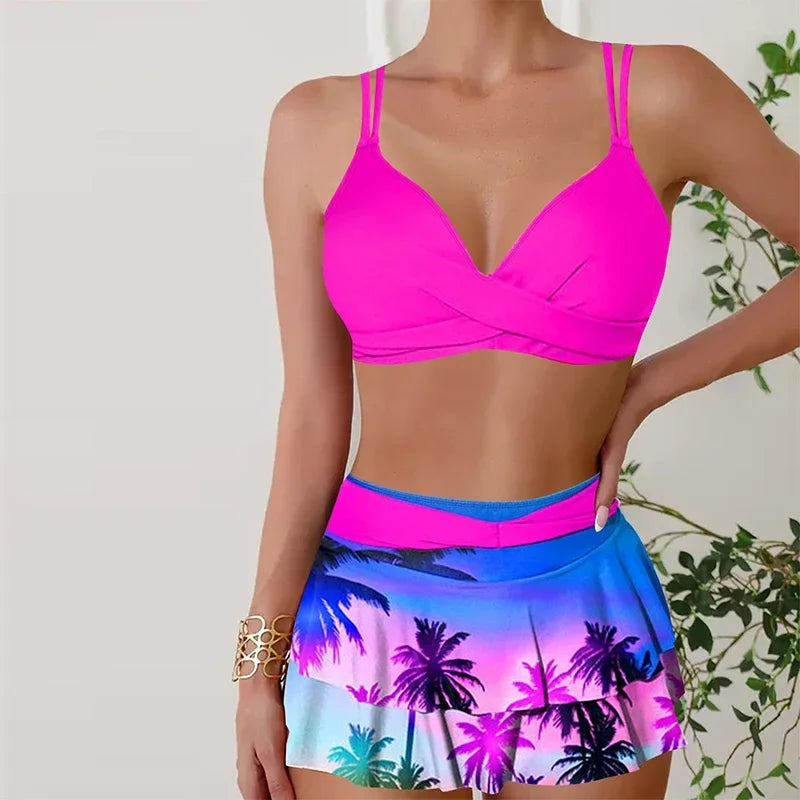 Women's Hanging Neck Straps Sunset Coconut Print Two Piece Swimsuit