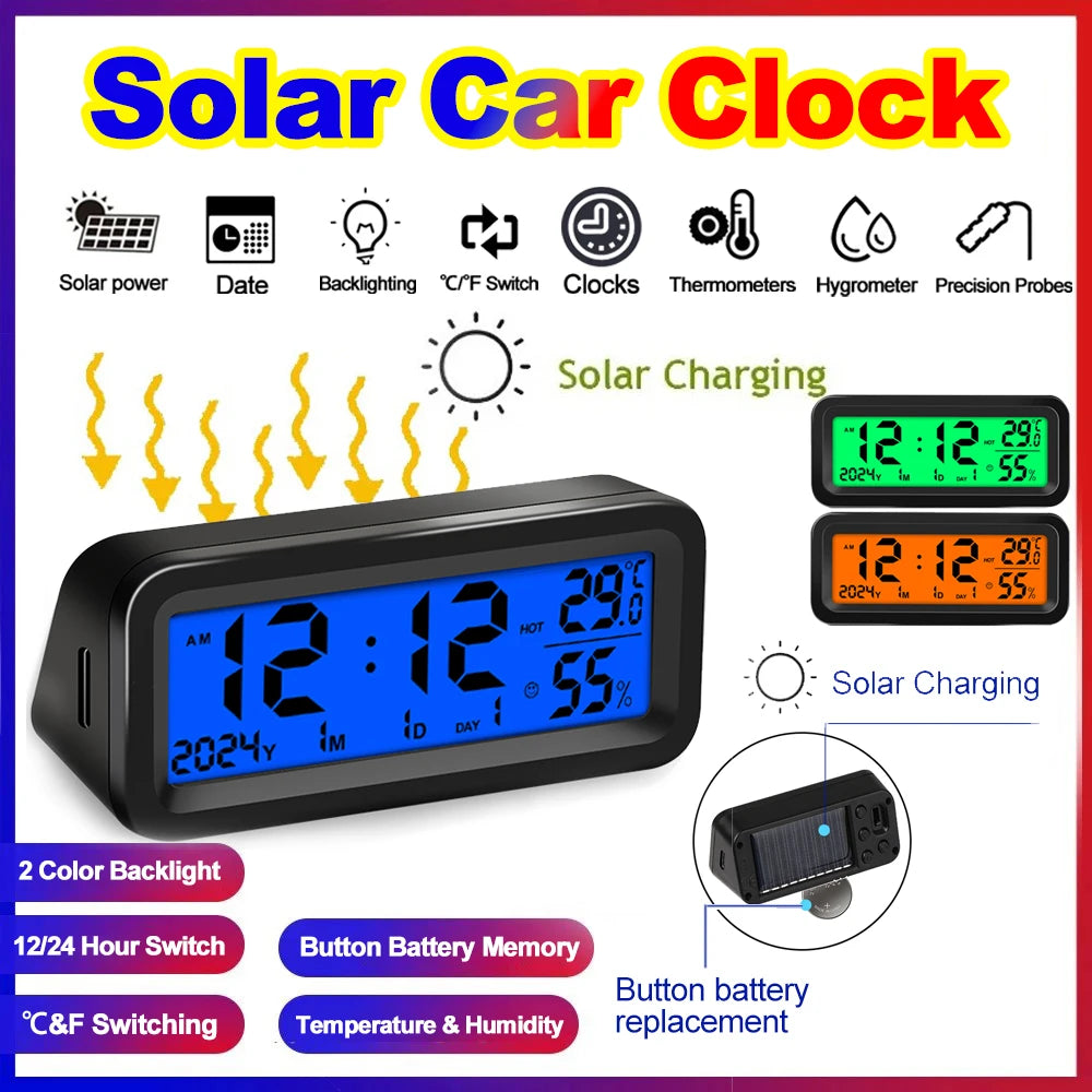 Solar Car Clocks Dashboard Thermometer Automotive Electronic Watch Led