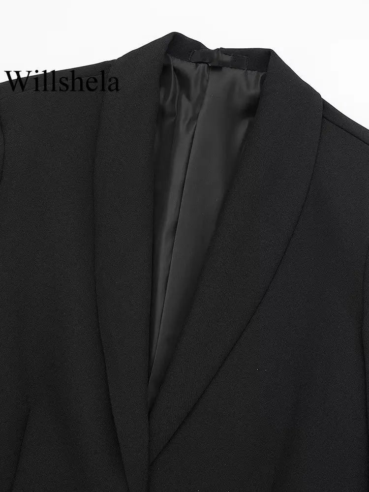 Willshela Women Fashion Satin Black With Feather Blazer Jacket Vintage