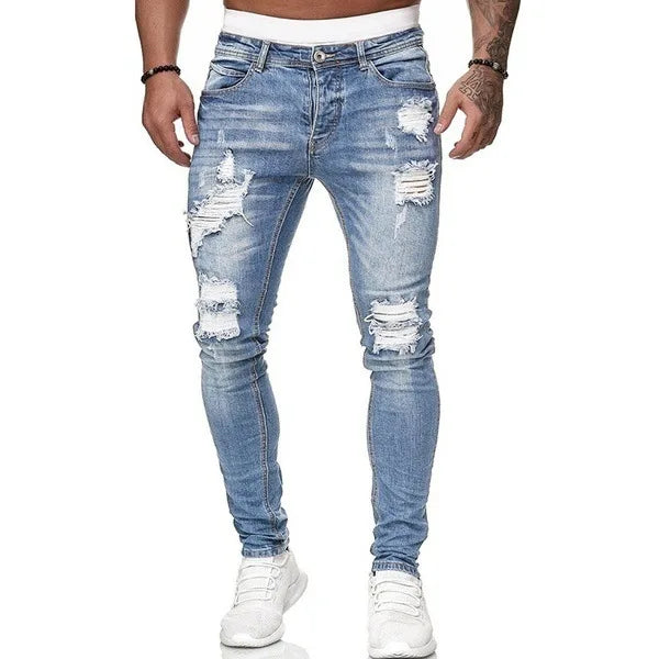 Ripped Mid Waist Slim Fit Men Jeans Vintage Denim Wash Solid Punk